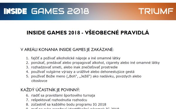 INSIDE Games 2018 Všeobecné pravidlá