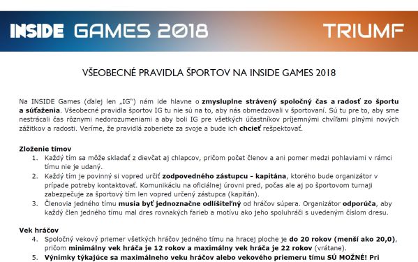 INSIDE Games 2018 Všeobecné športové pravidlá